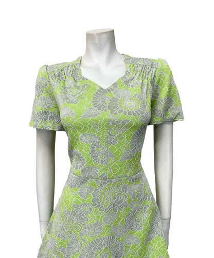 VTG 60S LIME GREEN SILVER GLITTERY LUREX SWEETHEART FLORAL SWING DRESS 12