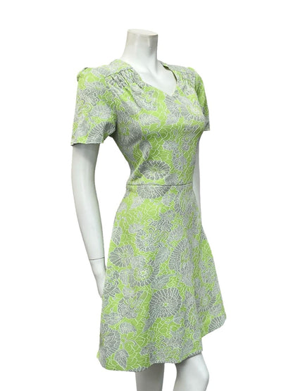 VTG 60S LIME GREEN SILVER GLITTERY LUREX SWEETHEART FLORAL SWING DRESS 12