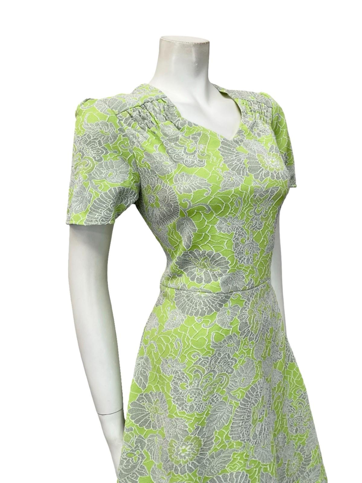 VTG 60S LIME GREEN SILVER GLITTERY LUREX SWEETHEART FLORAL SWING DRESS 12