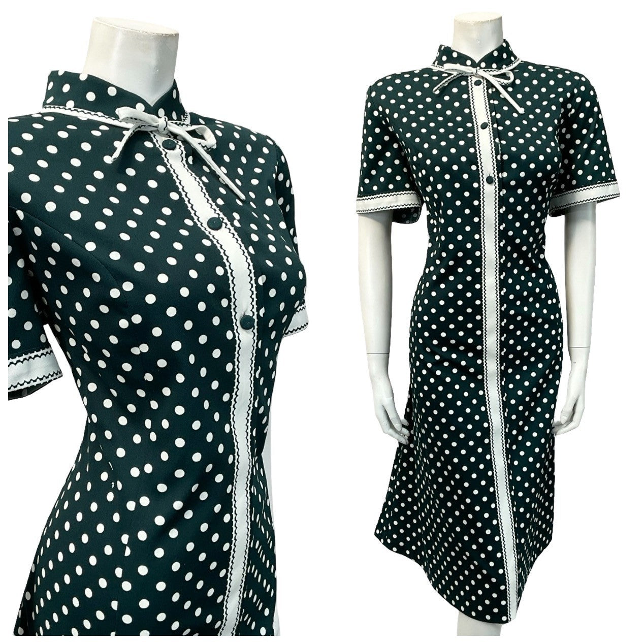 VTG 60S DARK GREEN WHITE POLKA DOT GEOMETRIC MANDARIN BOW SHIFT DRESS 16