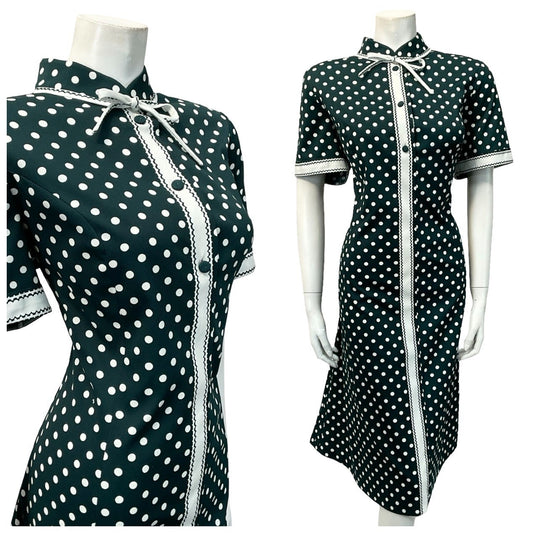 VTG 60S DARK GREEN WHITE POLKA DOT GEOMETRIC MANDARIN BOW SHIFT DRESS 16