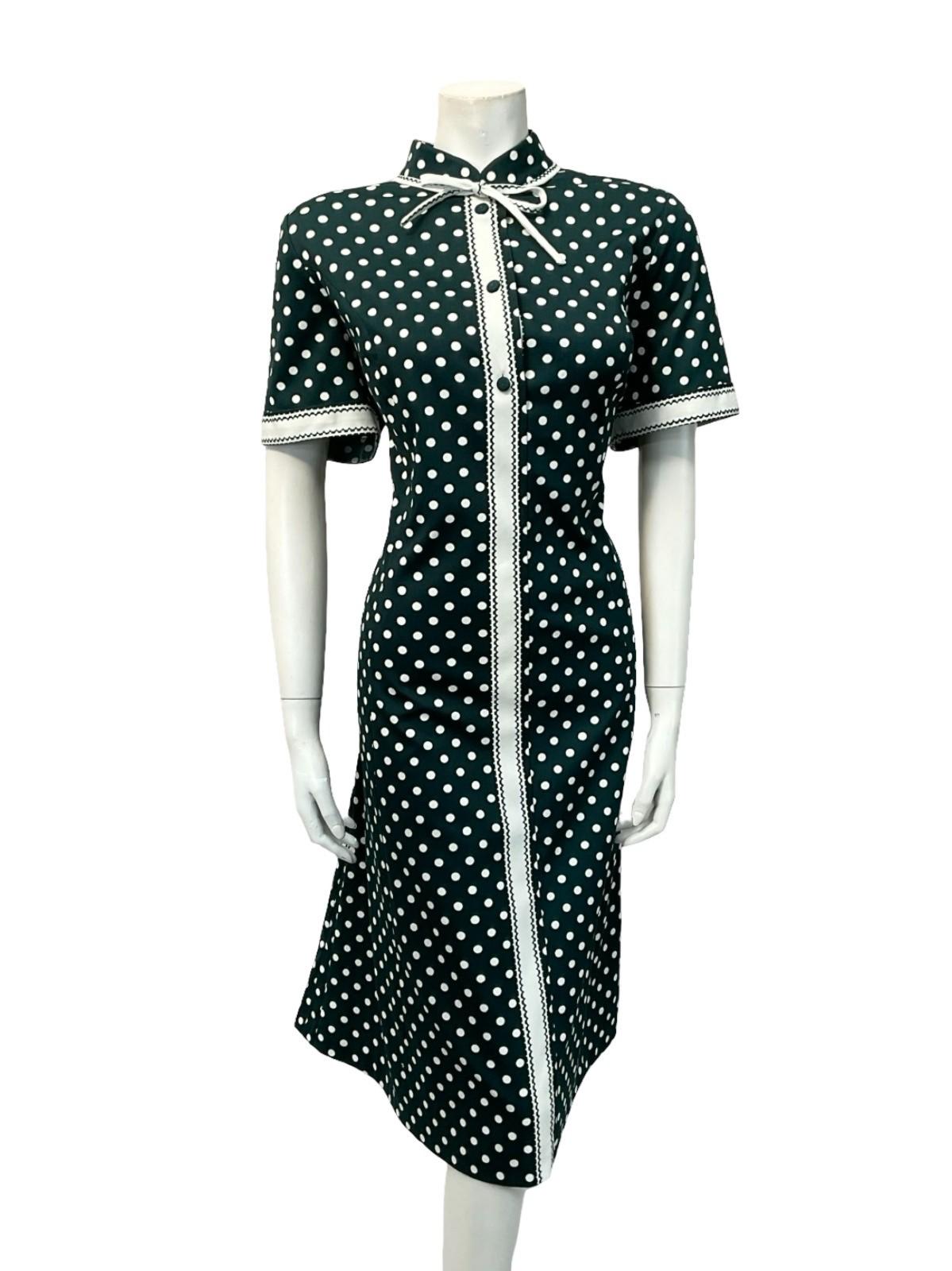 VTG 60S DARK GREEN WHITE POLKA DOT GEOMETRIC MANDARIN BOW SHIFT DRESS 16