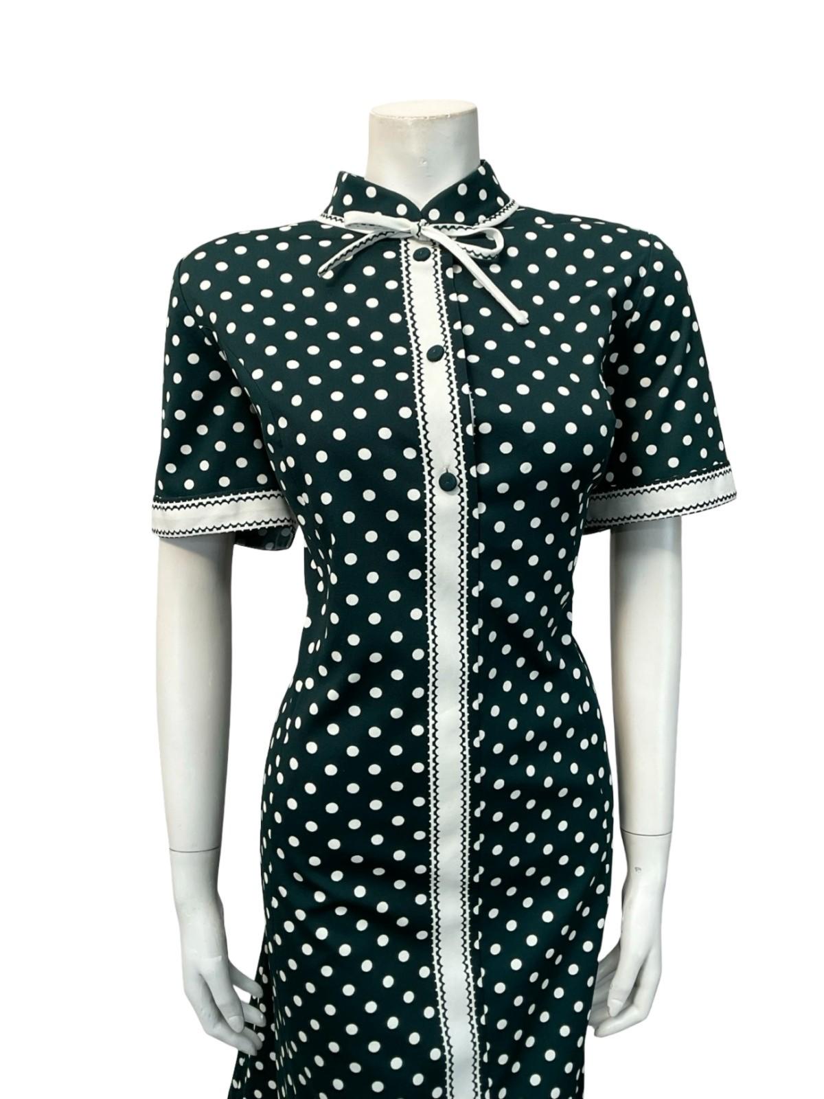 VTG 60S DARK GREEN WHITE POLKA DOT GEOMETRIC MANDARIN BOW SHIFT DRESS 16