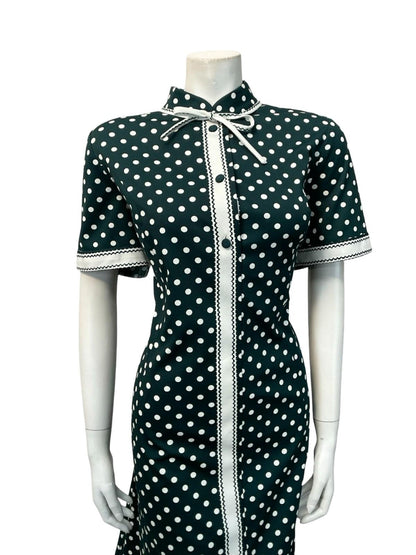 VTG 60S DARK GREEN WHITE POLKA DOT GEOMETRIC MANDARIN BOW SHIFT DRESS 16