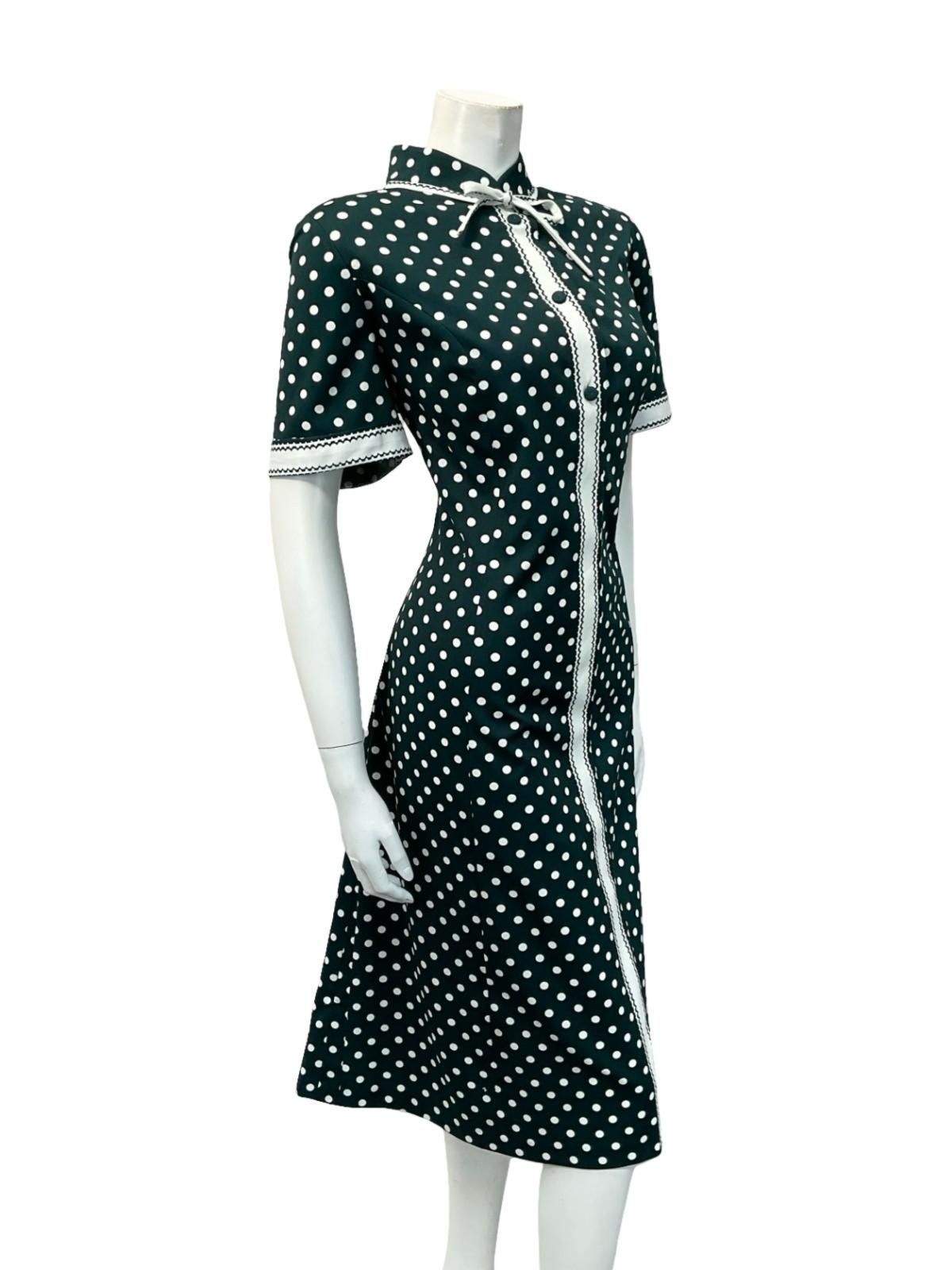 VTG 60S DARK GREEN WHITE POLKA DOT GEOMETRIC MANDARIN BOW SHIFT DRESS 16