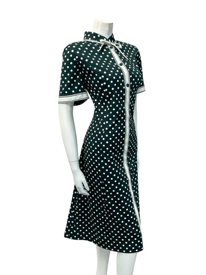 VTG 60S DARK GREEN WHITE POLKA DOT GEOMETRIC MANDARIN BOW SHIFT DRESS 16