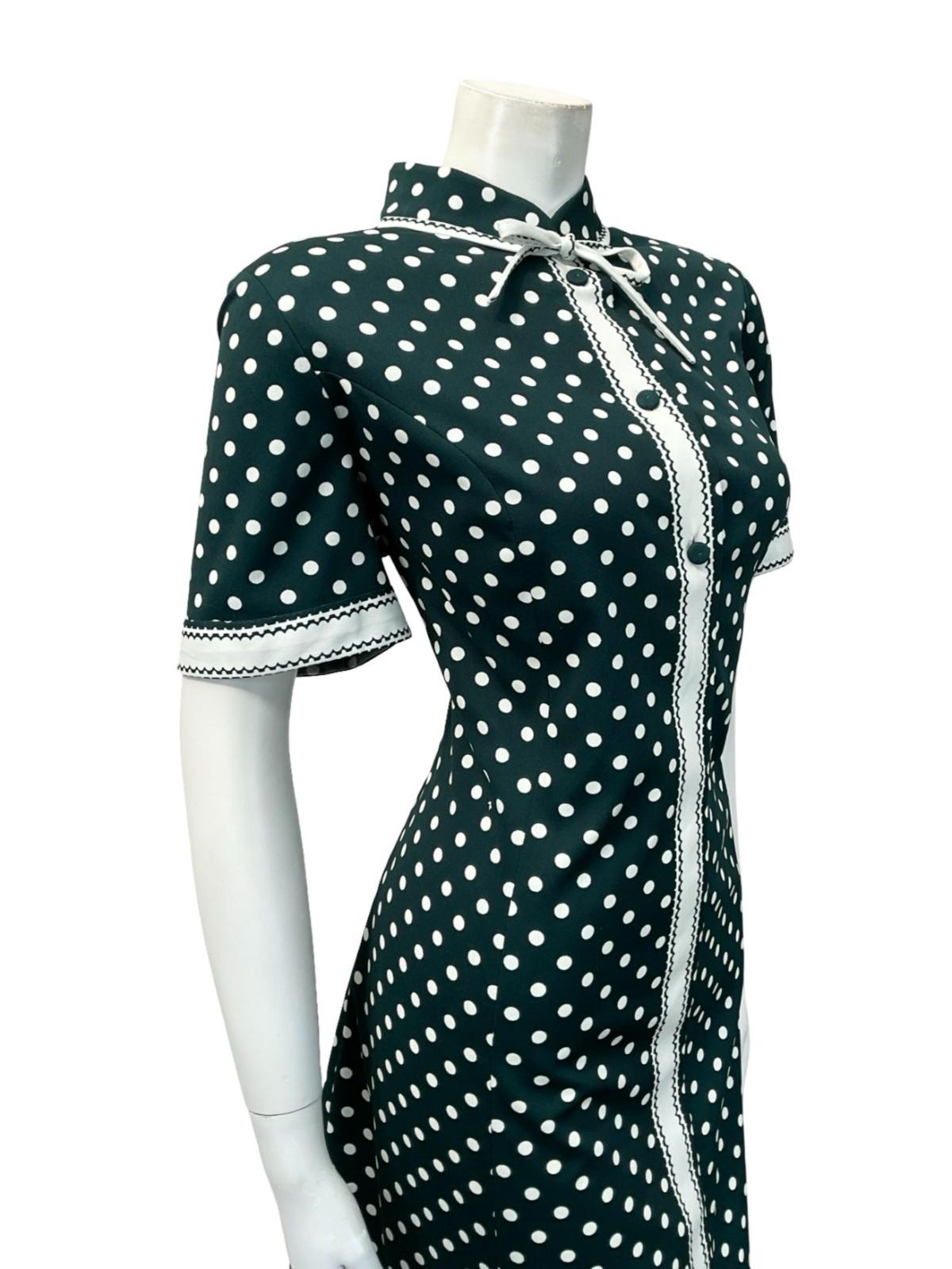 VTG 60S DARK GREEN WHITE POLKA DOT GEOMETRIC MANDARIN BOW SHIFT DRESS 16