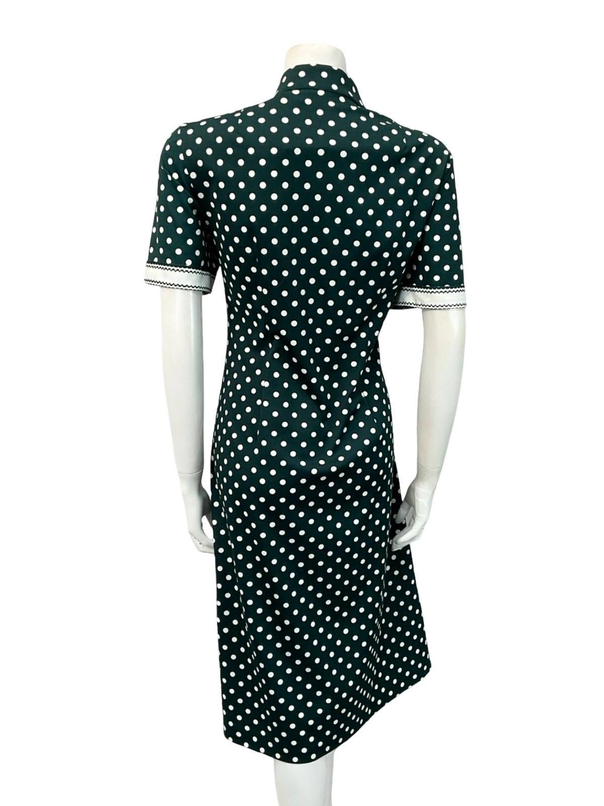 VTG 60S DARK GREEN WHITE POLKA DOT GEOMETRIC MANDARIN BOW SHIFT DRESS 16