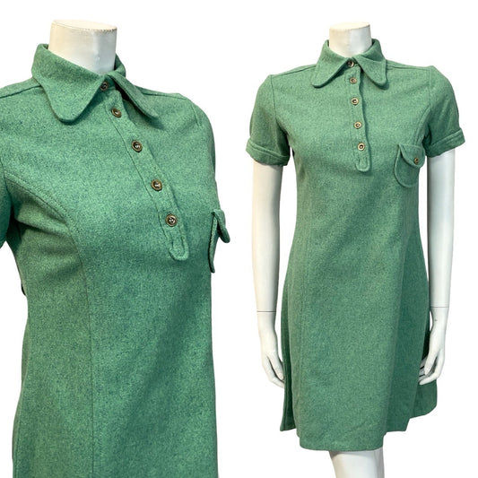 VTG 60S GREEN BLUE MOD MONOCHROME DOG EAR COLLAR WOOL MINI SHIFT DRESS 8