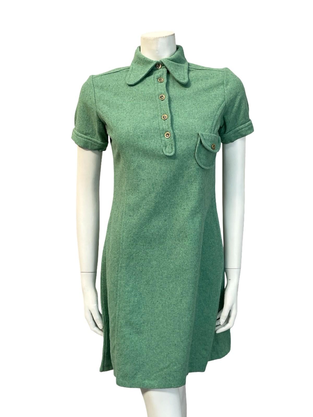 VTG 60S GREEN BLUE MOD MONOCHROME DOG EAR COLLAR WOOL MINI SHIFT DRESS 8