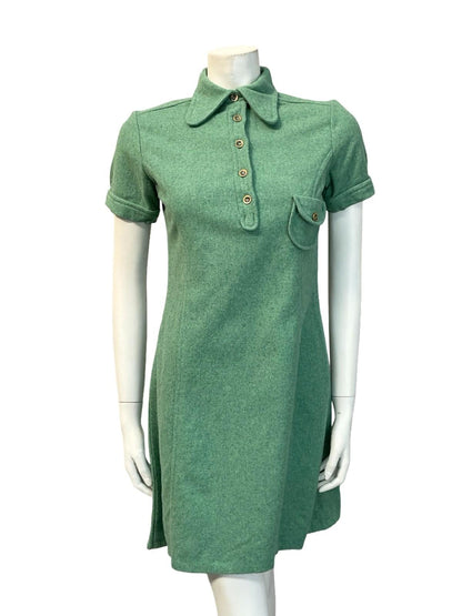 VTG 60S GREEN BLUE MOD MONOCHROME DOG EAR COLLAR WOOL MINI SHIFT DRESS 8