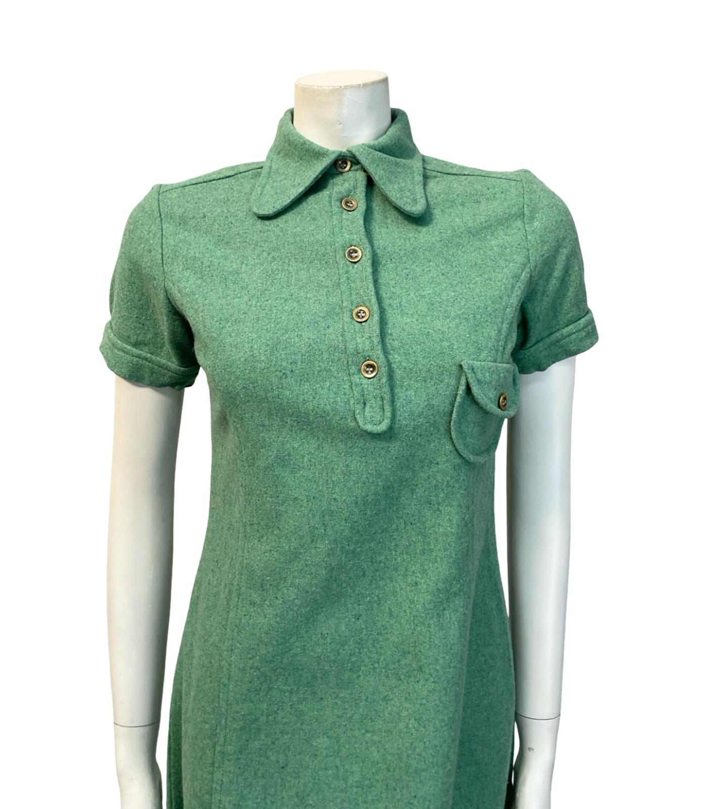 VTG 60S GREEN BLUE MOD MONOCHROME DOG EAR COLLAR WOOL MINI SHIFT DRESS 8