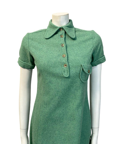 VTG 60S GREEN BLUE MOD MONOCHROME DOG EAR COLLAR WOOL MINI SHIFT DRESS 8