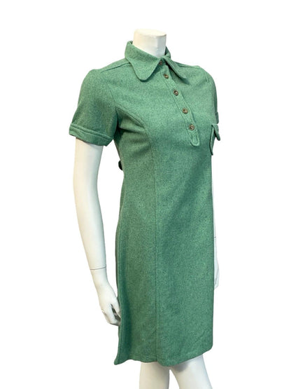 VTG 60S GREEN BLUE MOD MONOCHROME DOG EAR COLLAR WOOL MINI SHIFT DRESS 8