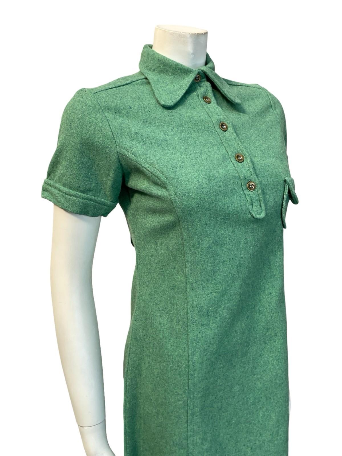 VTG 60S GREEN BLUE MOD MONOCHROME DOG EAR COLLAR WOOL MINI SHIFT DRESS 8