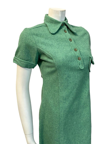 VTG 60S GREEN BLUE MOD MONOCHROME DOG EAR COLLAR WOOL MINI SHIFT DRESS 8