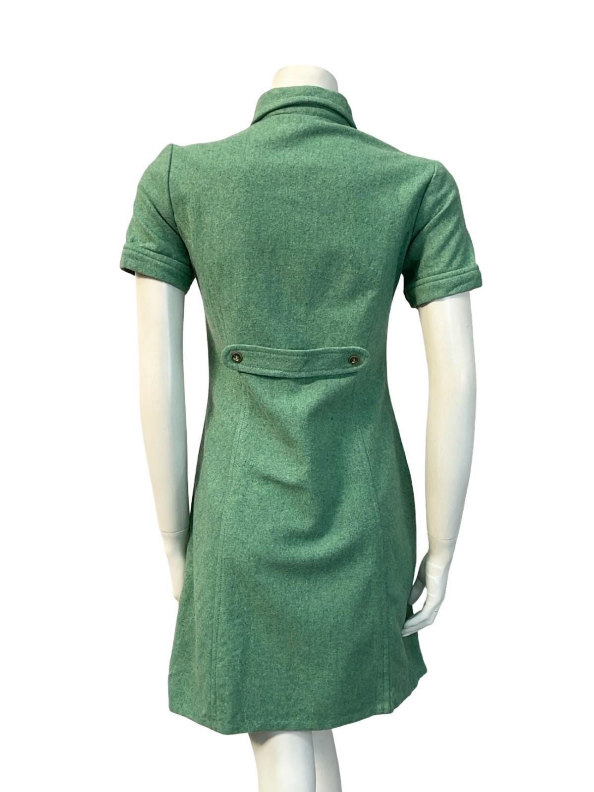 VTG 60S GREEN BLUE MOD MONOCHROME DOG EAR COLLAR WOOL MINI SHIFT DRESS 8