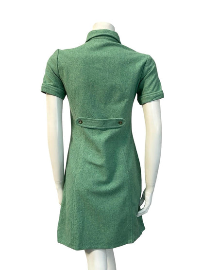 VTG 60S GREEN BLUE MOD MONOCHROME DOG EAR COLLAR WOOL MINI SHIFT DRESS 8