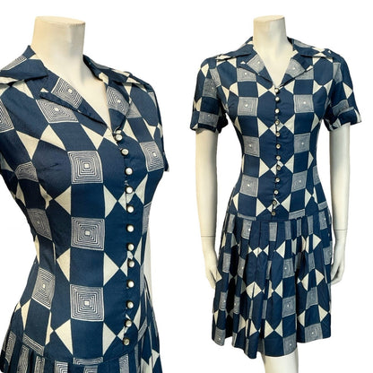 VTG 60S NAVY BLUE WHITE GEOMETRIC DROPPED WAIST PLEATED SHIRT MINI DRESS 10