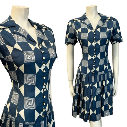 VTG 60S NAVY BLUE WHITE GEOMETRIC DROPPED WAIST PLEATED SHIRT MINI DRESS 10