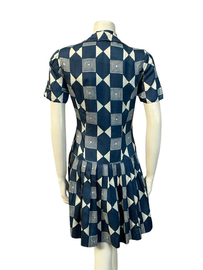 VTG 60S NAVY BLUE WHITE GEOMETRIC DROPPED WAIST PLEATED SHIRT MINI DRESS 10