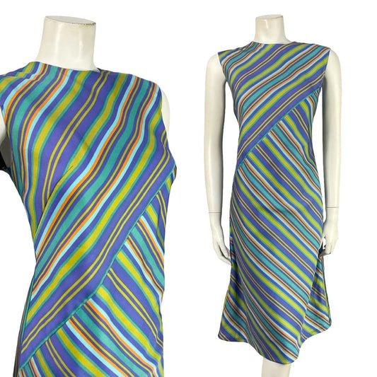 VTG 60S BLUE PURPLE GREEN BROWN STRIPED GEOMETRIC SHIFT MOD MIDI DRESS 10