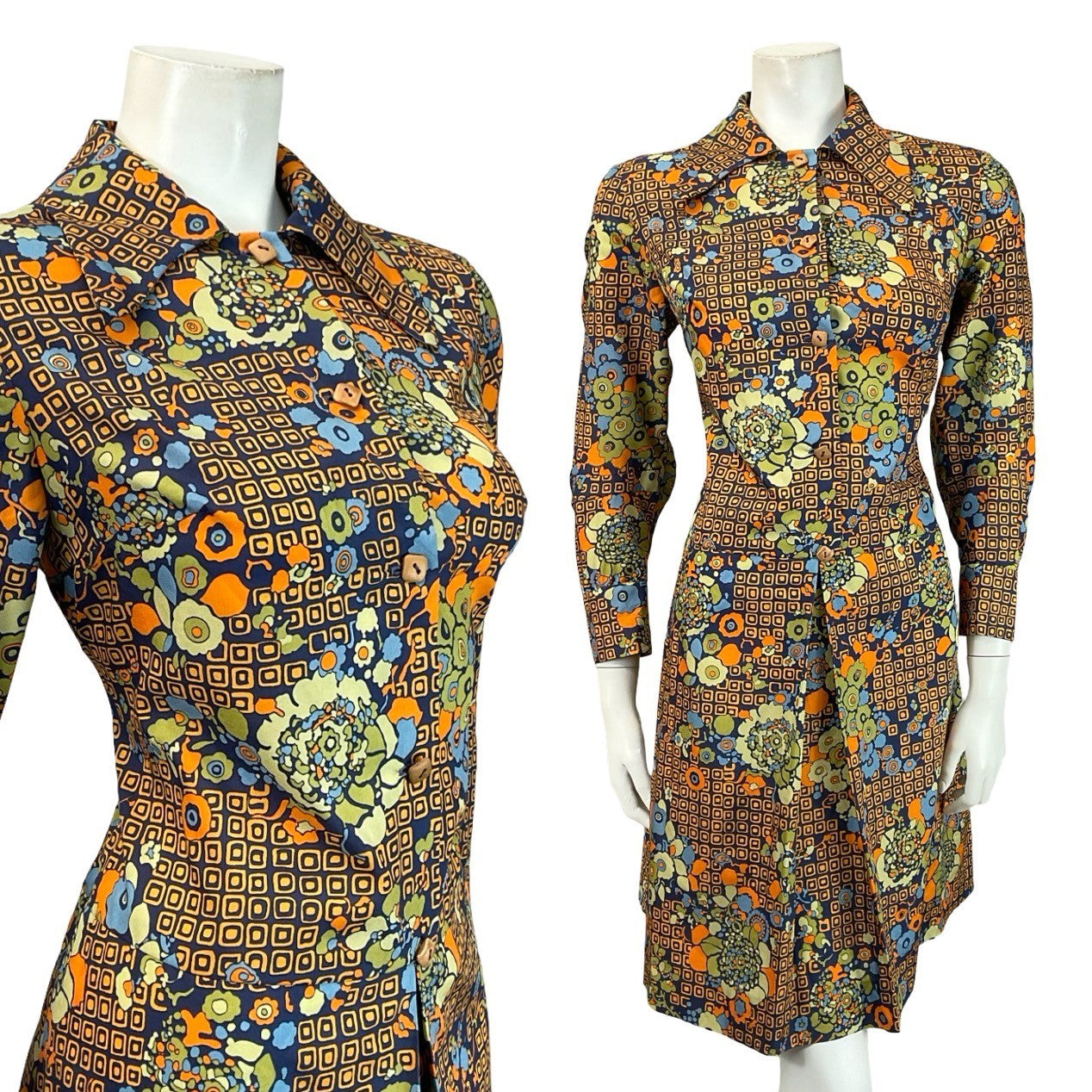 VTG 60S 70S NAVY BLUE ORANGE GREEN GEOMETRIC FLORAL DAGGER SHIRT DRESS 12 14 M