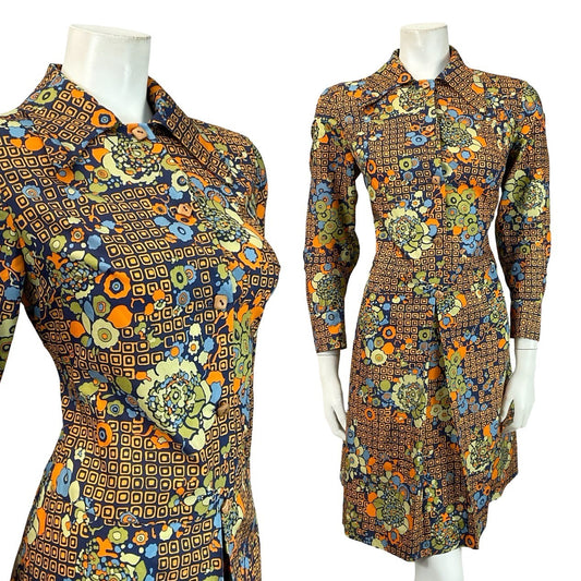 VTG 60S 70S NAVY BLUE ORANGE GREEN GEOMETRIC FLORAL DAGGER SHIRT DRESS 12 14 M