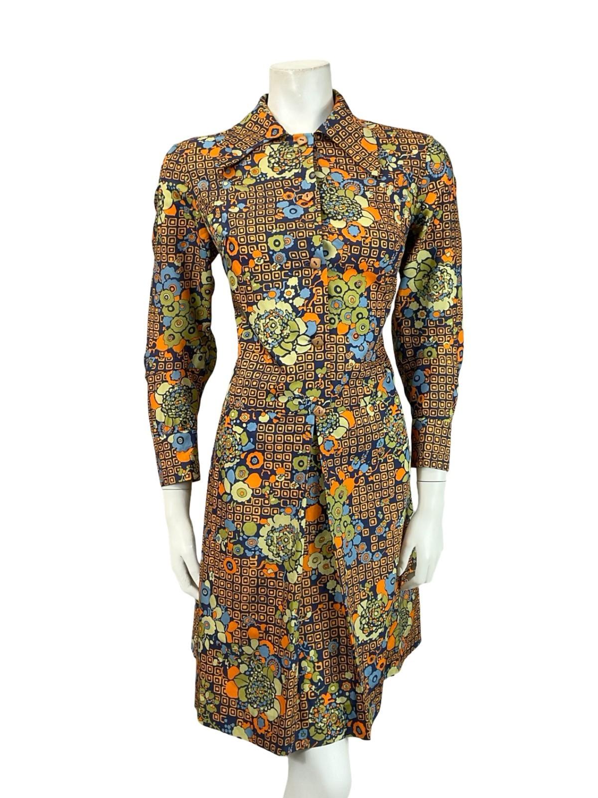 VTG 60S 70S NAVY BLUE ORANGE GREEN GEOMETRIC FLORAL DAGGER SHIRT DRESS 12 14 M