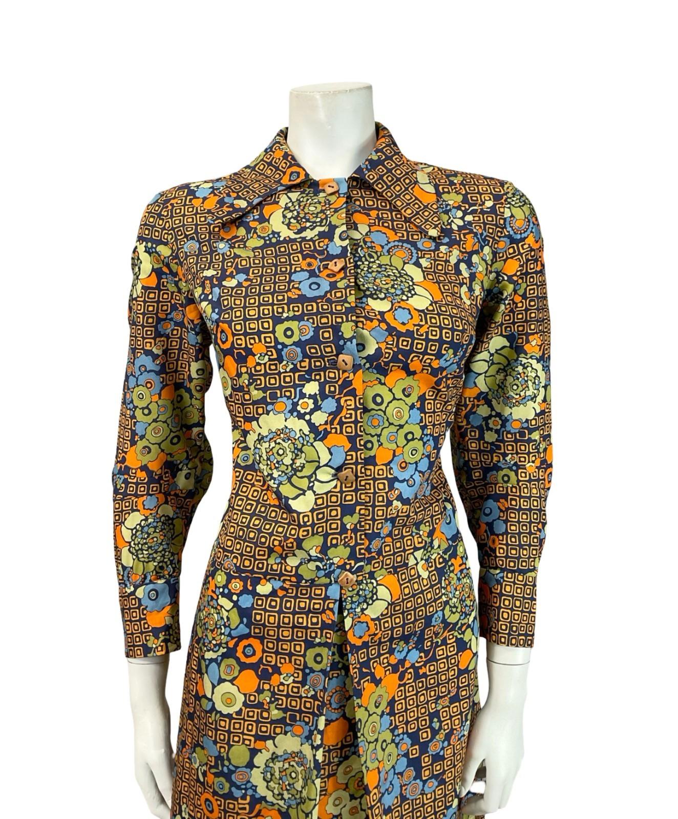VTG 60S 70S NAVY BLUE ORANGE GREEN GEOMETRIC FLORAL DAGGER SHIRT DRESS 12 14 M