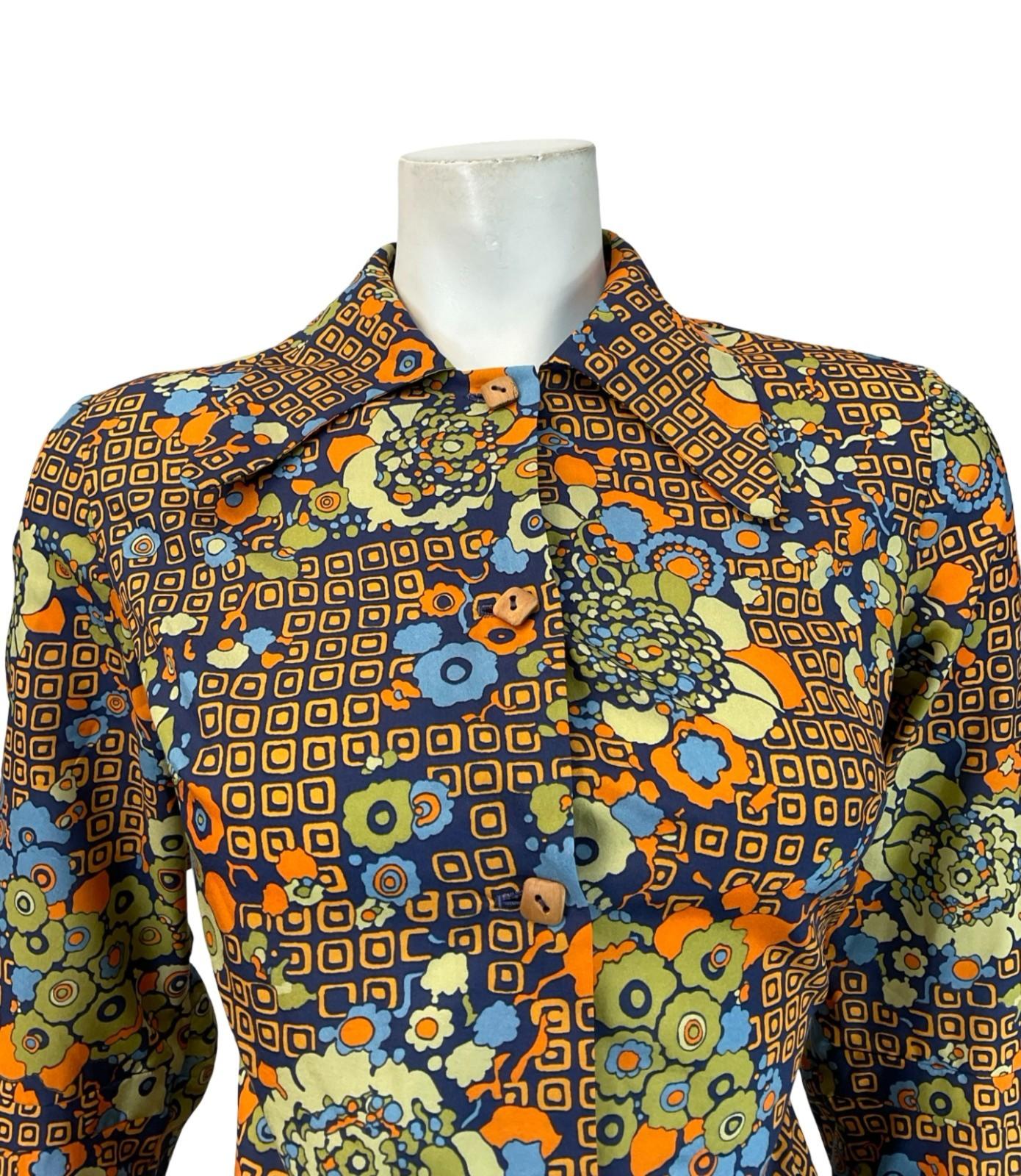 VTG 60S 70S NAVY BLUE ORANGE GREEN GEOMETRIC FLORAL DAGGER SHIRT DRESS 12 14 M