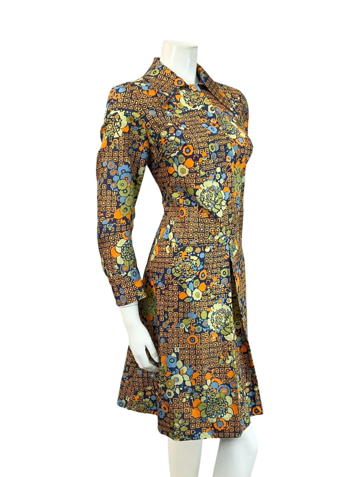 VTG 60S 70S NAVY BLUE ORANGE GREEN GEOMETRIC FLORAL DAGGER SHIRT DRESS 12 14 M