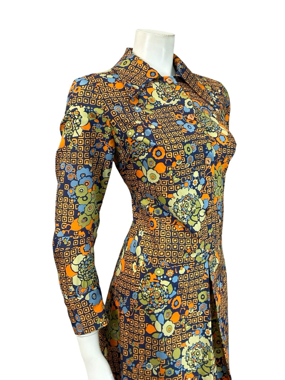 VTG 60S 70S NAVY BLUE ORANGE GREEN GEOMETRIC FLORAL DAGGER SHIRT DRESS 12 14 M