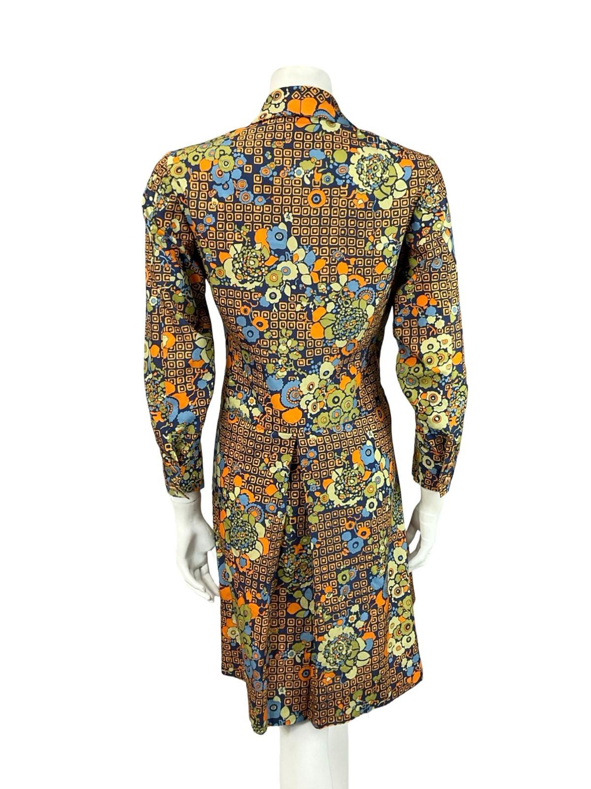 VTG 60S 70S NAVY BLUE ORANGE GREEN GEOMETRIC FLORAL DAGGER SHIRT DRESS 12 14 M