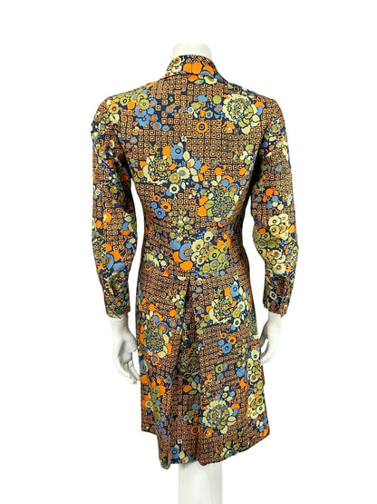 VTG 60S 70S NAVY BLUE ORANGE GREEN GEOMETRIC FLORAL DAGGER SHIRT DRESS 12 14 M