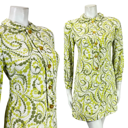 VTG 60S 70S GREEN WHITE GEOMETRIC DOTTY MOD PETER PAN COLLAR SHIFT DRESS 6 XS 4