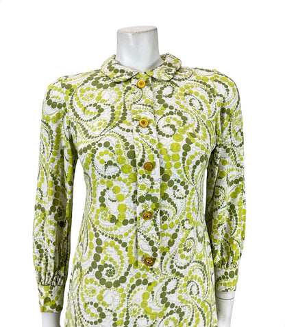 VTG 60S 70S GREEN WHITE GEOMETRIC DOTTY MOD PETER PAN COLLAR SHIFT DRESS 6 XS 4