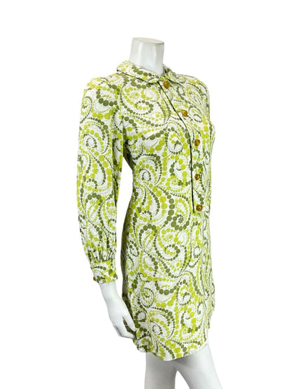 VTG 60S 70S GREEN WHITE GEOMETRIC DOTTY MOD PETER PAN COLLAR SHIFT DRESS 6 XS 4