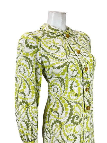 VTG 60S 70S GREEN WHITE GEOMETRIC DOTTY MOD PETER PAN COLLAR SHIFT DRESS 6 XS 4