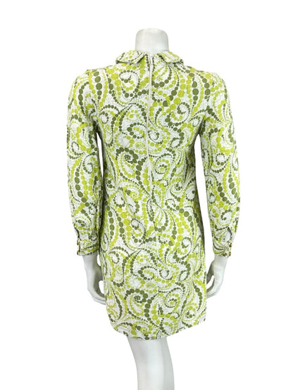 VTG 60S 70S GREEN WHITE GEOMETRIC DOTTY MOD PETER PAN COLLAR SHIFT DRESS 6 XS 4