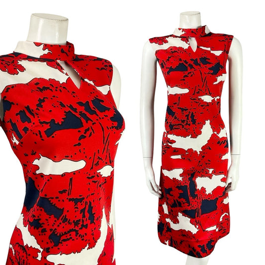 VTG 60S 70S RED NAVY BLUE WHITE PSYCHEDELIC FUNNEL MOD SHIFT KEYHOLE DRESS 14