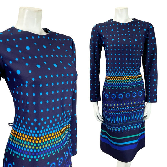 VTG 60S 70S BLUE YELLOW GREEN DOTTY STRIPED GEOMETRIC MOD SHIFT DRESS 10 12