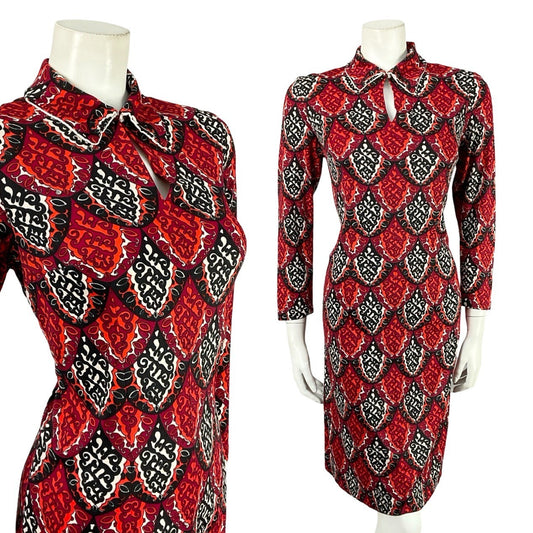 VTG 60S 70S BLACK WHITE RED MOD PSYCHEDELIC GEOMETRIC SCALES SHIFT DRESS 8