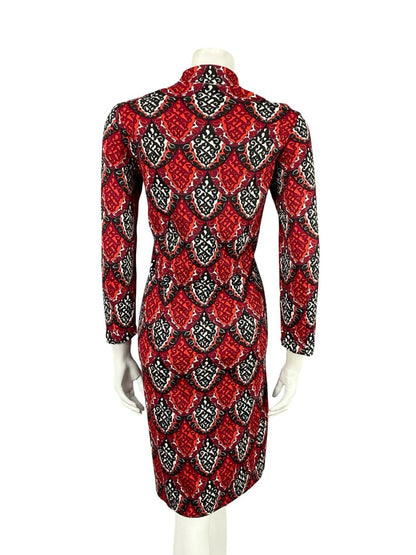 VTG 60S 70S BLACK WHITE RED MOD PSYCHEDELIC GEOMETRIC SCALES SHIFT DRESS 8