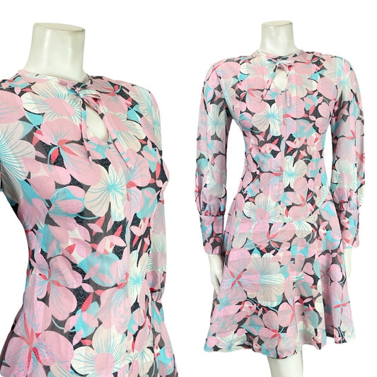 VTG 60S 70S MOD PINK BLUE GREEN STRIPED FLORAL DROPPED WAIST SKATER DRESS 10