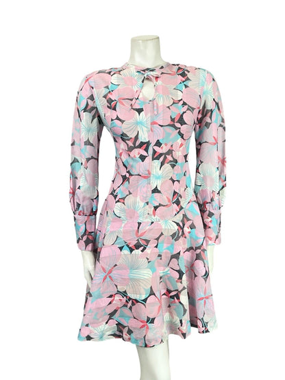 VTG 60S 70S MOD PINK BLUE GREEN STRIPED FLORAL DROPPED WAIST SKATER DRESS 10