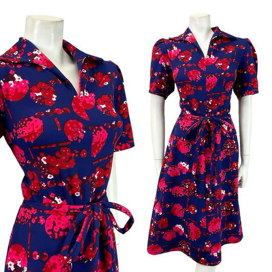 VTG 60S 70S NAVY BLUE RED PINK FLORAL TIE WAIST OPEN COLLAR A LINE MIDI DRESS 12