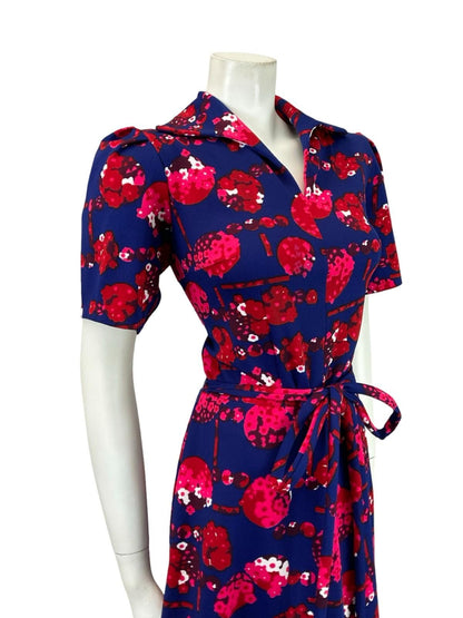 VTG 60S 70S NAVY BLUE RED PINK FLORAL TIE WAIST OPEN COLLAR A LINE MIDI DRESS 12