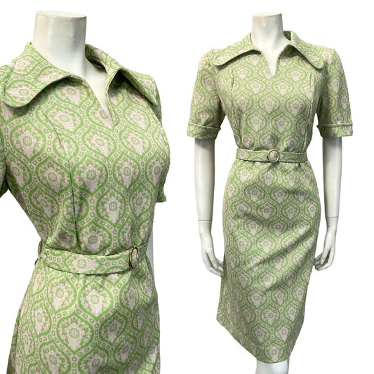 VTG 60S 70S MOD GEOMETRIC BEIGE GREEN TILE PRINT DOG EAR COLLAR BELTED DRESS 14