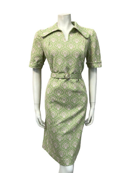 VTG 60S 70S MOD GEOMETRIC BEIGE GREEN TILE PRINT DOG EAR COLLAR BELTED DRESS 14